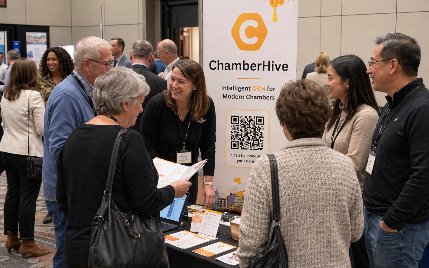 ChamberHive team speaking with chamber staff at a conference booth