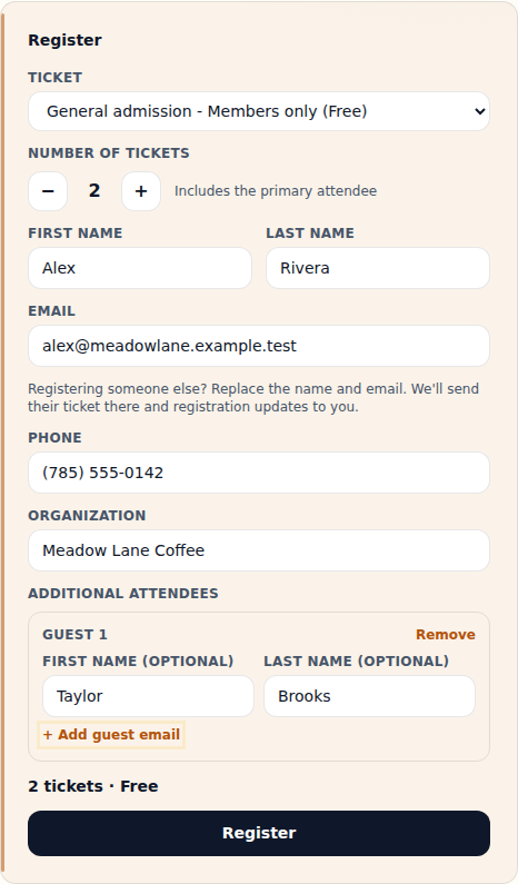 This example registers two attendees for a free event.
