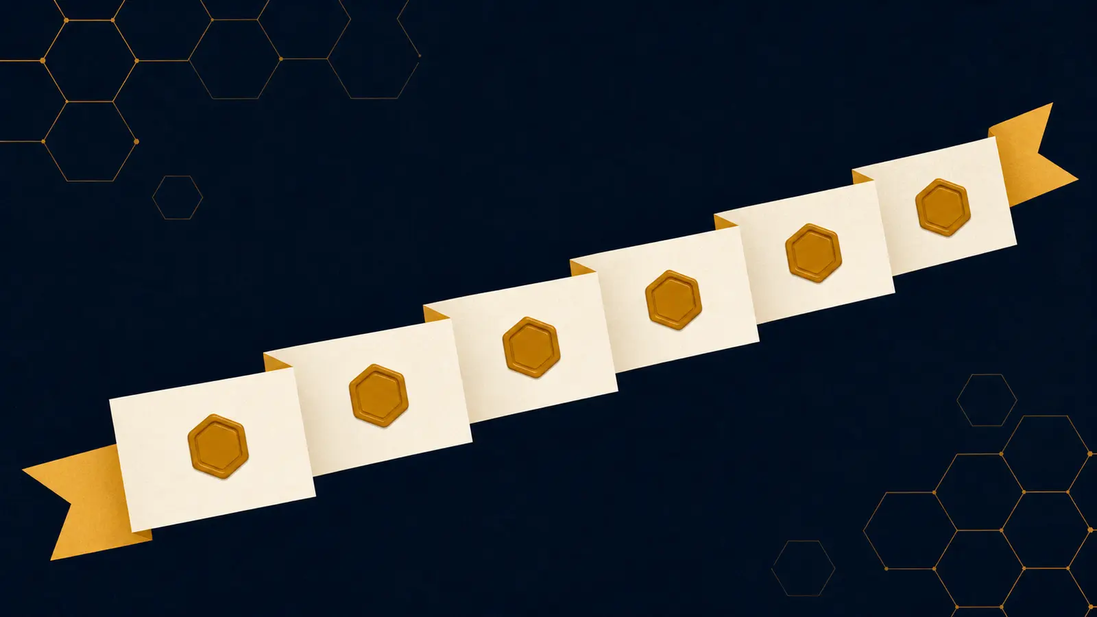 An illustration of a long folded ribbon of paper with six small hexagonal seals placed at intervals along its length.
