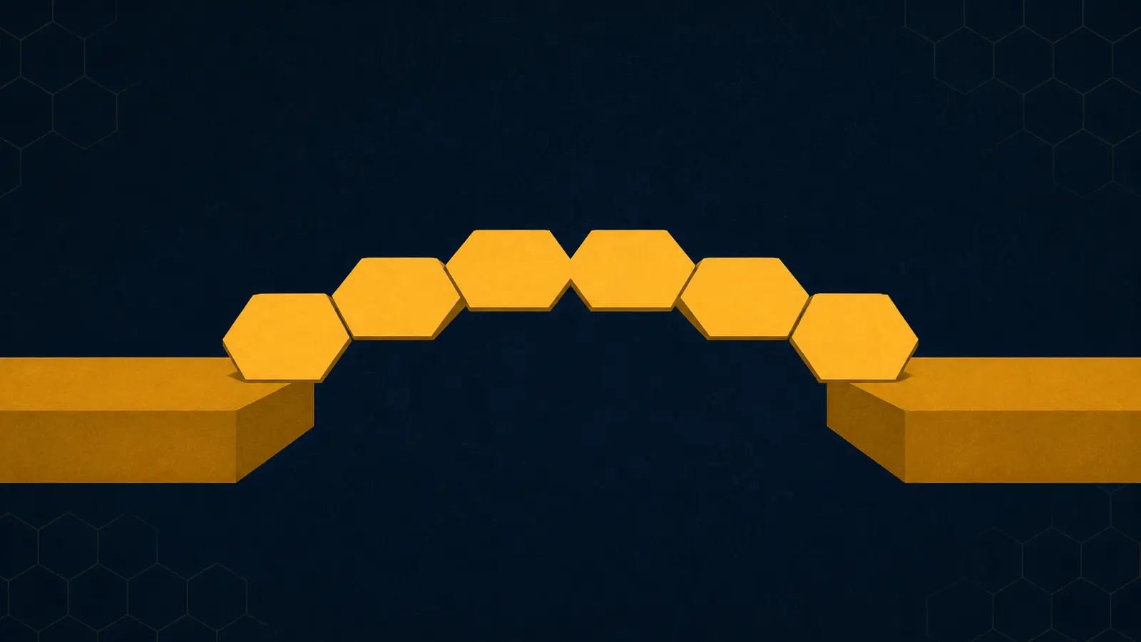 An illustration of a bridge built from hexagonal segments spanning between two flat platforms.