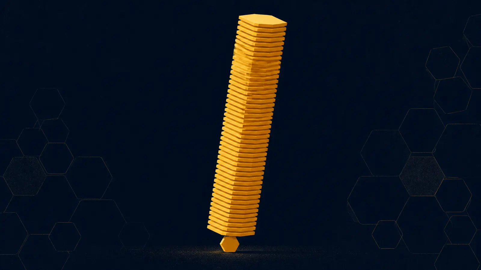 An illustration of a tall narrow stack of thin hexagonal plates rising well above a small solitary hexagon at its base.