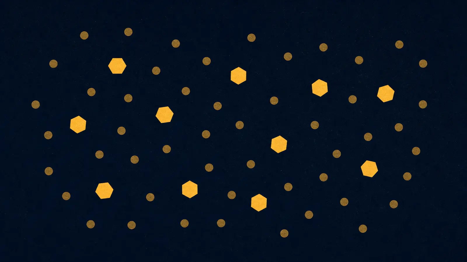 An illustration of a scattered field of small circles with a smaller number of hexagons distributed among them.