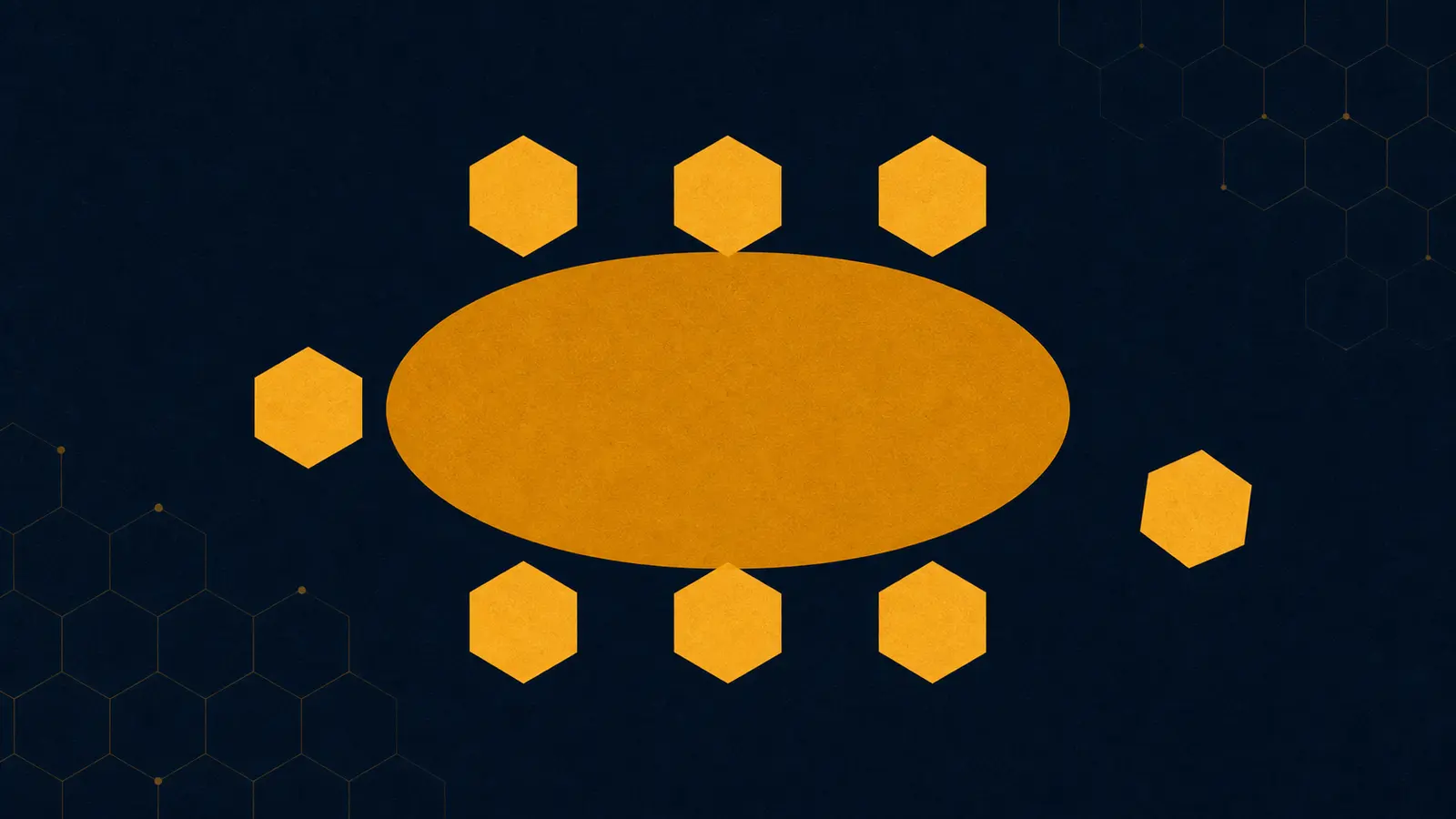 An illustration of hexagonal seats arranged around an oval table, viewed from above.