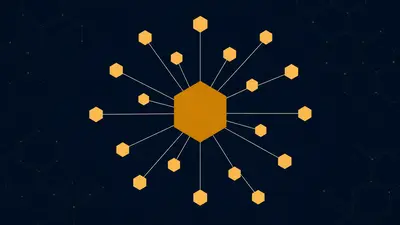 An illustration of a central hexagon connected by thin lines to many smaller hexagons radiating outward.