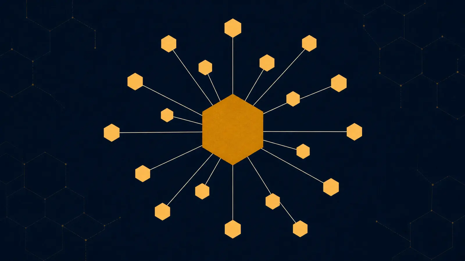 An illustration of a central hexagon connected by thin lines to many smaller hexagons radiating outward.