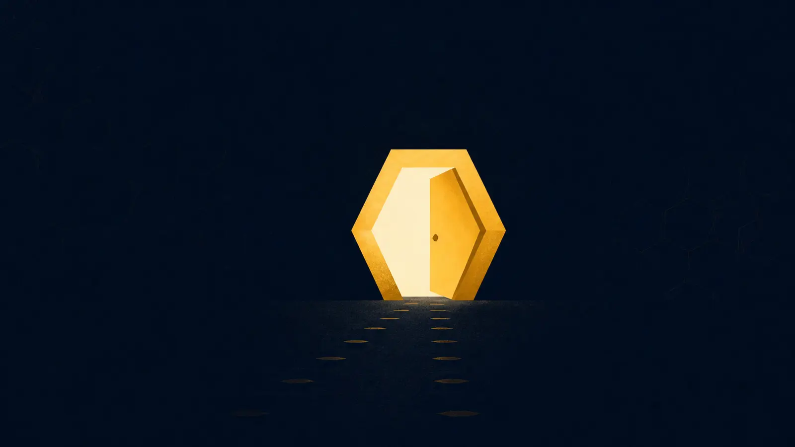 An illustration of a hexagonal doorway standing slightly ajar at the end of a faint, barely-worn path.
