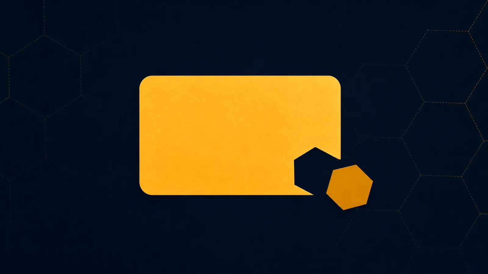 An illustration of a card-shaped rectangle with a small hexagonal fragment separating from one corner.