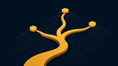An illustration of a path splitting into three directions, each marked by a hexagonal waypoint.