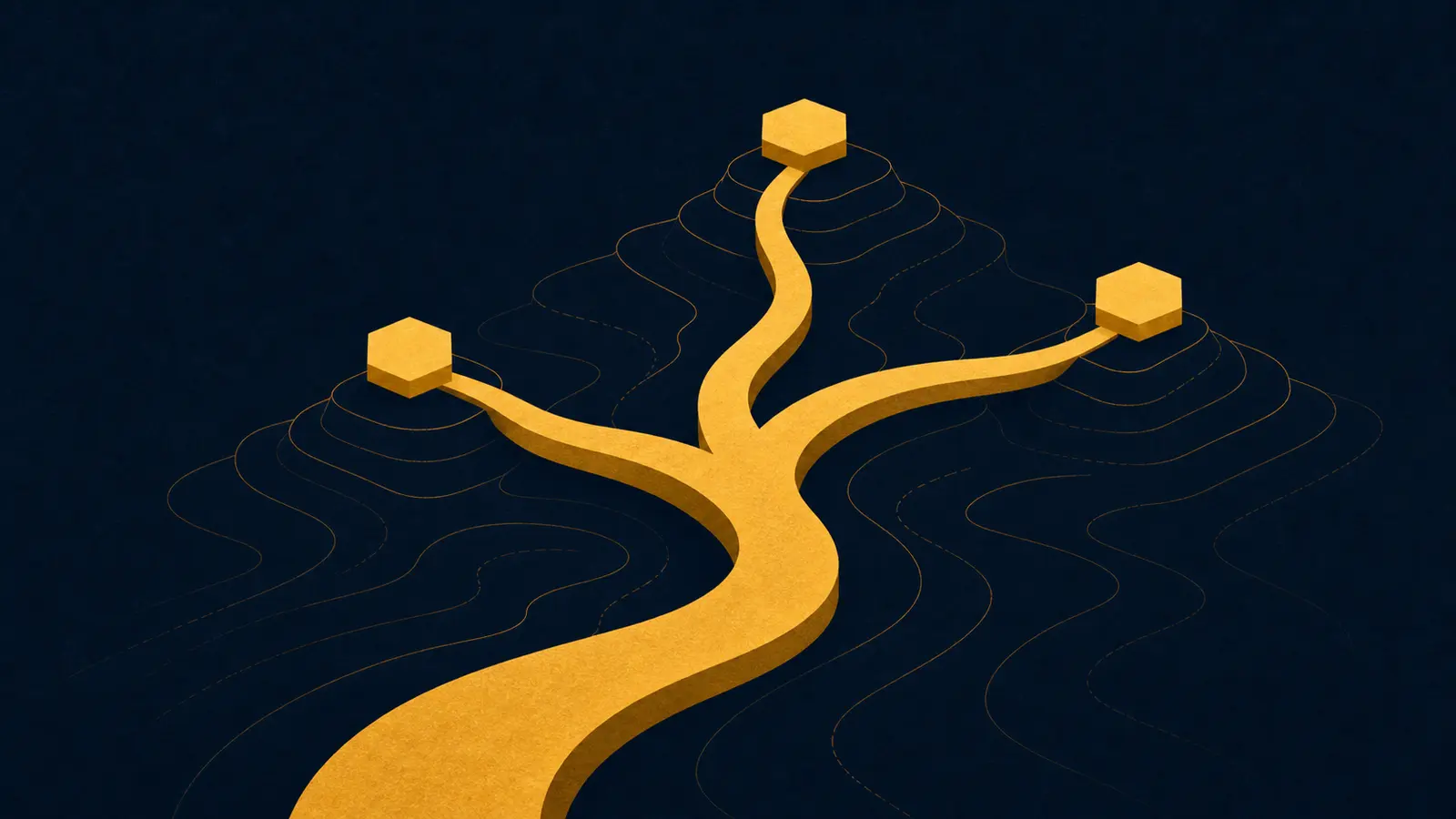An illustration of a path splitting into three directions, each marked by a hexagonal waypoint.
