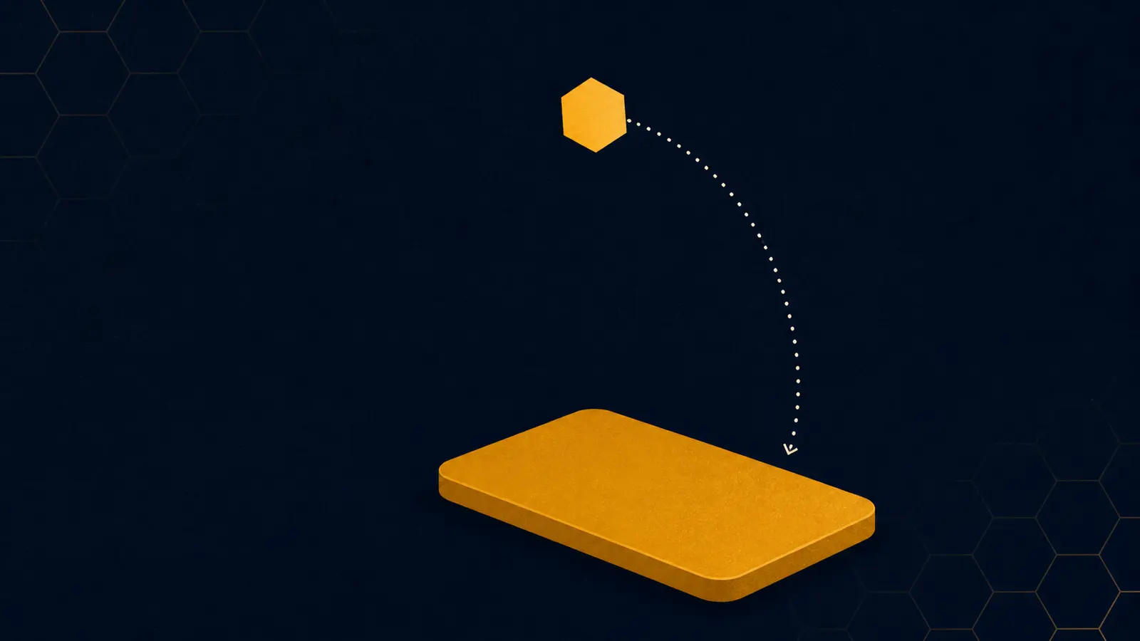 An illustration of a small rounded rectangle with a hexagon arcing above it in a curved path.