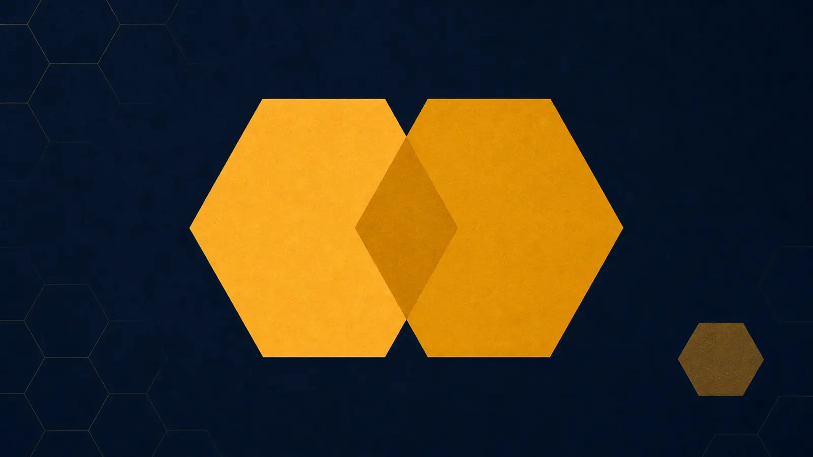 An illustration of two hexagons overlapping and merging, with a third smaller hexagon positioned at the outer edge.