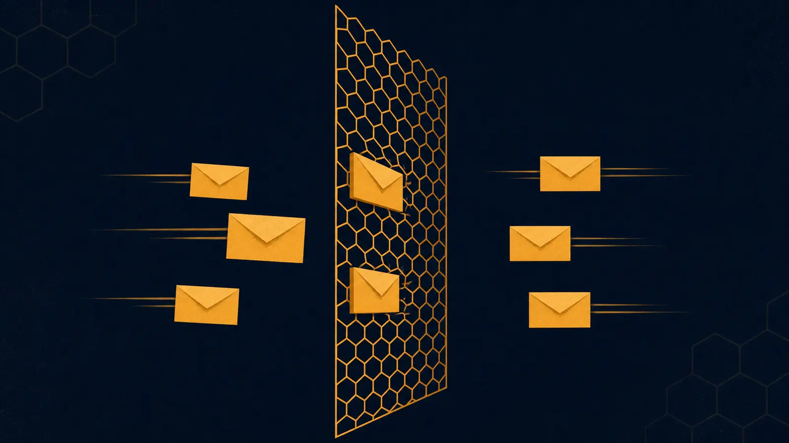 An illustration of a hexagonal mesh screen with envelope shapes passing through it, some continuing and some caught.